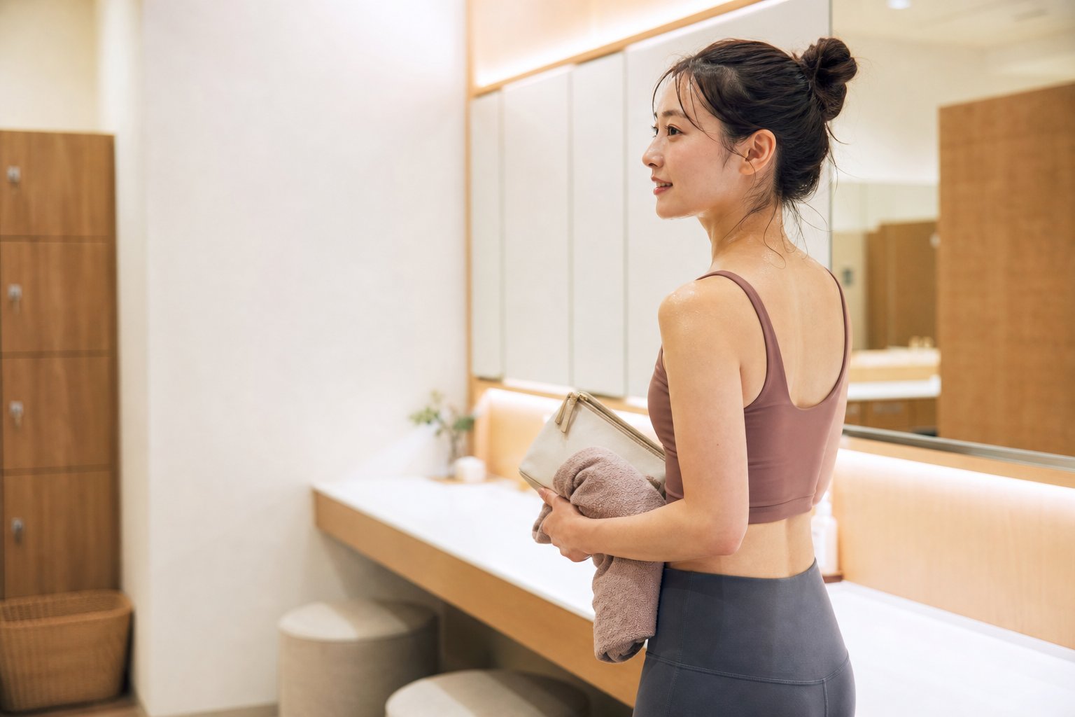 ホットヨガ後にシャワーと身支度を準備する女性のイメージ