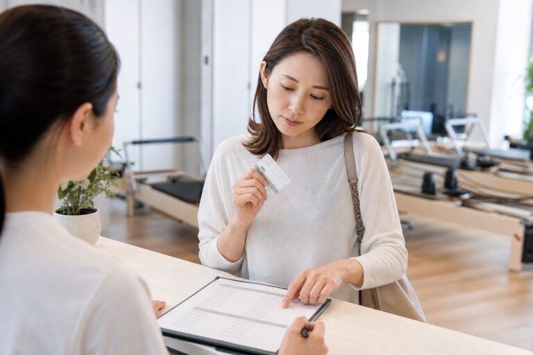 リフォーマーのあるスタジオで女性がスタッフと資料を確認するイメージ写真(Rintosull府中店の実景ではありません)