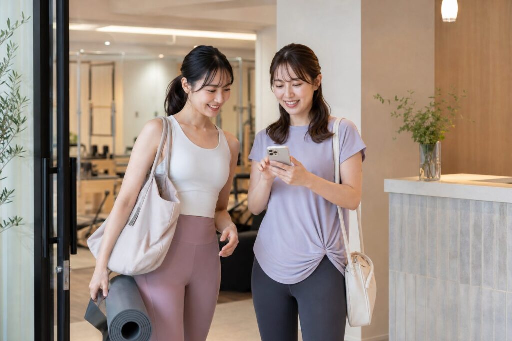 友達同士でヨガ・ピラティスの体験を検討する女性たちのイメージ