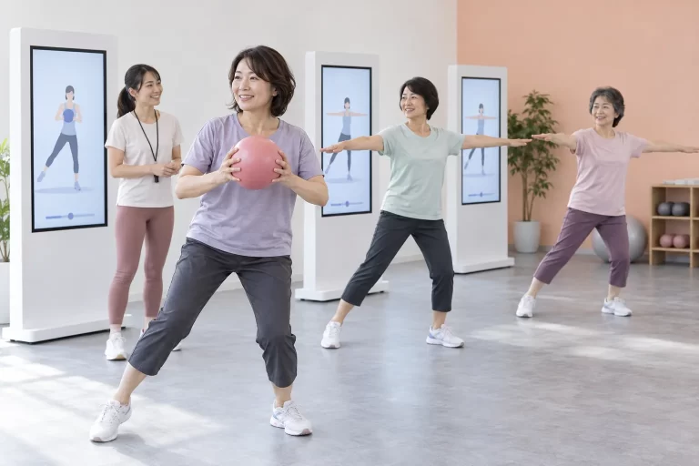 縦型の運動画面の前でボールや腕の運動を行う女性たちの生成イメージ（架空の日本人モデル・実店舗や実際のスタッフの写真ではありません）