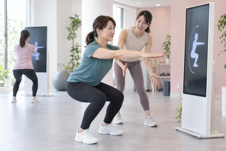 縦型の運動画面を見ながらスクワットを行う女性とトレーナーの生成イメージ（架空の日本人モデル・実店舗や実際のスタッフの写真ではありません）