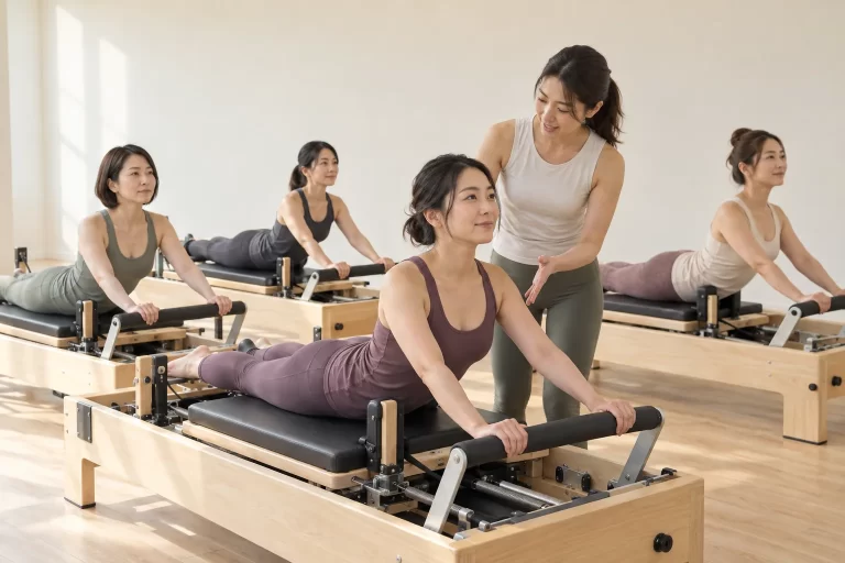 木製リフォーマーでうつ伏せの基礎運動を練習する30〜40代の女性たちの生成イメージ（架空の日本人モデル・実店舗や実際のスタッフの写真ではありません）