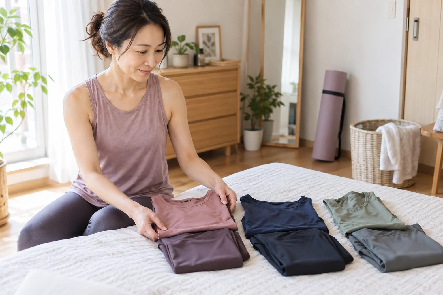 ヨガウェアを3セット準備する30〜40代女性の生成イメージ